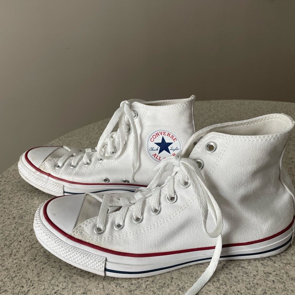Converse White High-Top Sneakers with Red and Blue Details